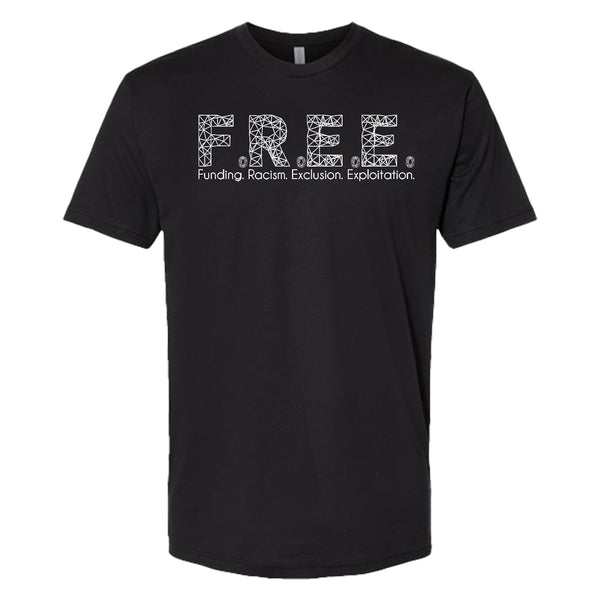 Black t-shirt with white text on a white background