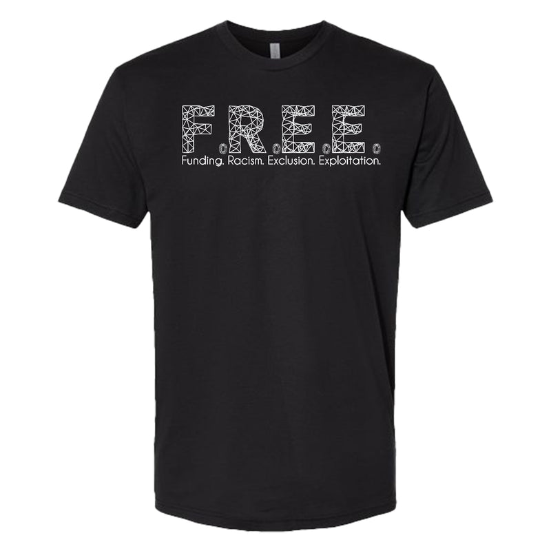 Black t-shirt with white text on a white background