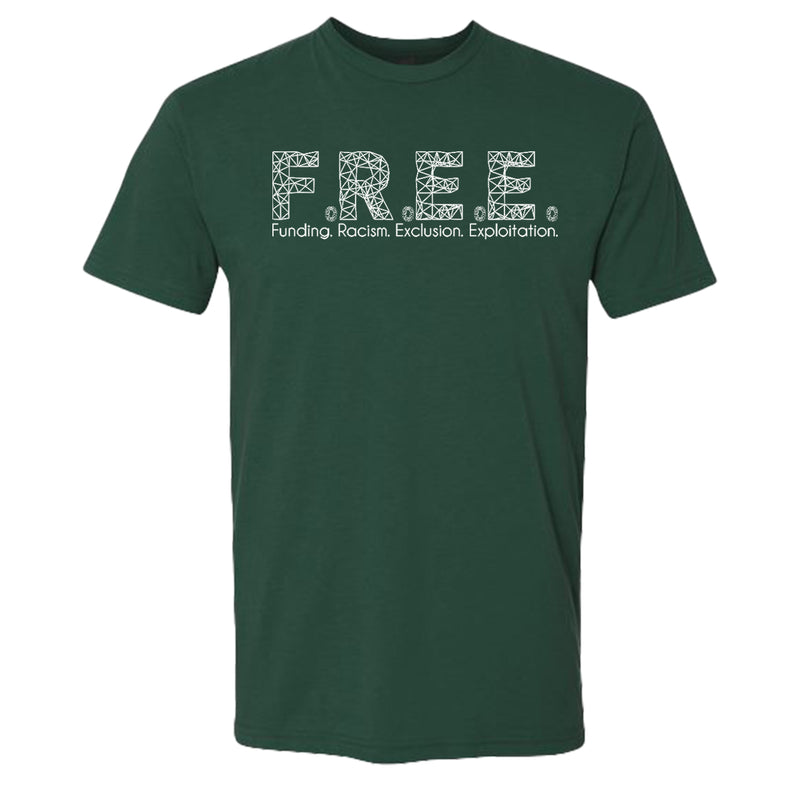 Green t-shirt with white text on a white background