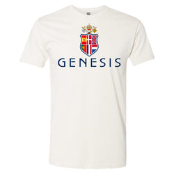 White t-shirt with 'Genesis' logo featuring a coat of arms on a white background