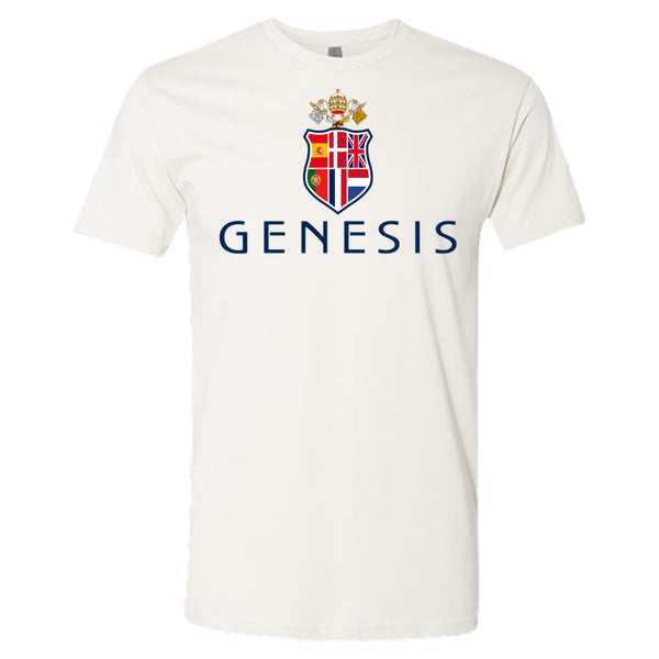 White t-shirt with 'Genesis' logo featuring a coat of arms on a white background