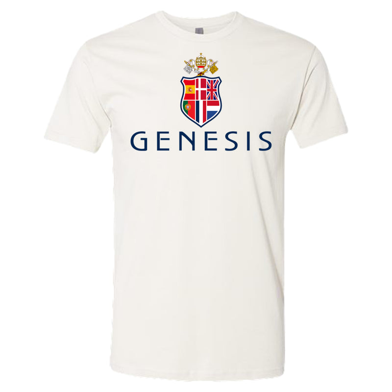 White t-shirt with 'Genesis' logo featuring a coat of arms on a white background