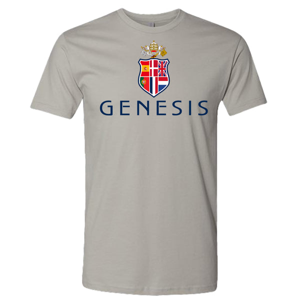 Gray t-shirt with Genesis logo featuring a shield design on a white background
