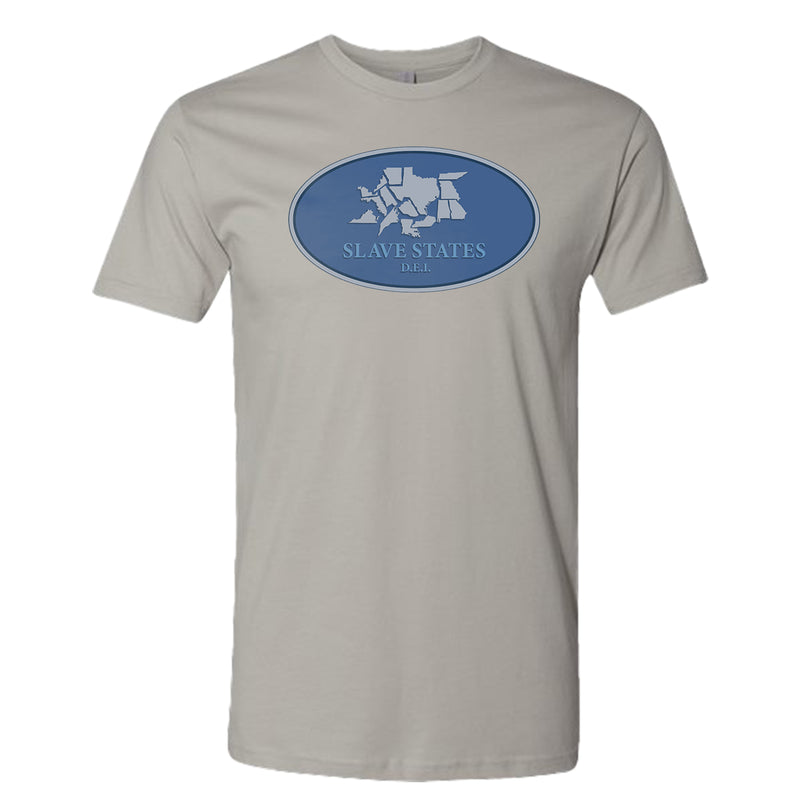 Gray t-shirt with a blue oval graphic and text on a white background