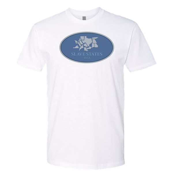 White t-shirt with blue oval graphic and text on a white background