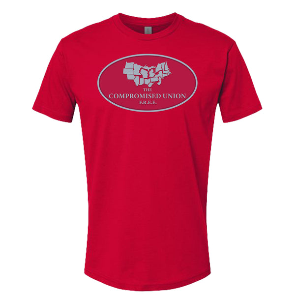 Red t-shirt with a logo and text on a white background