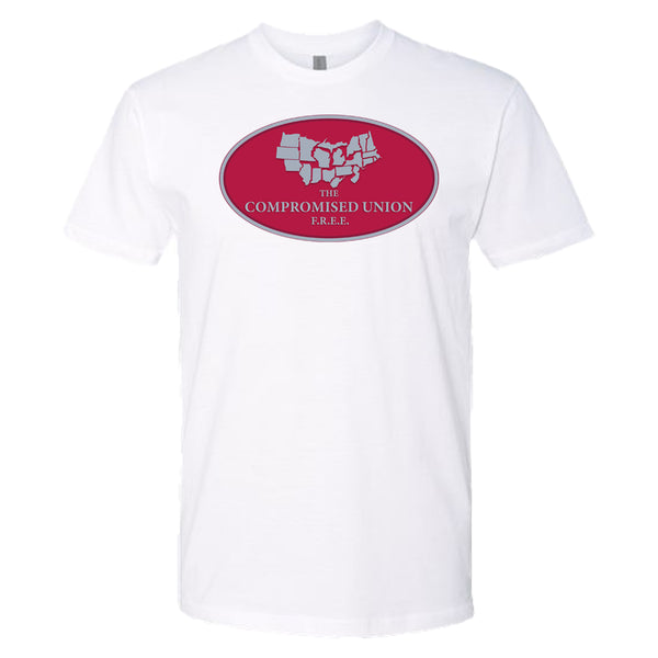 White t-shirt with a red logo and text on a white background